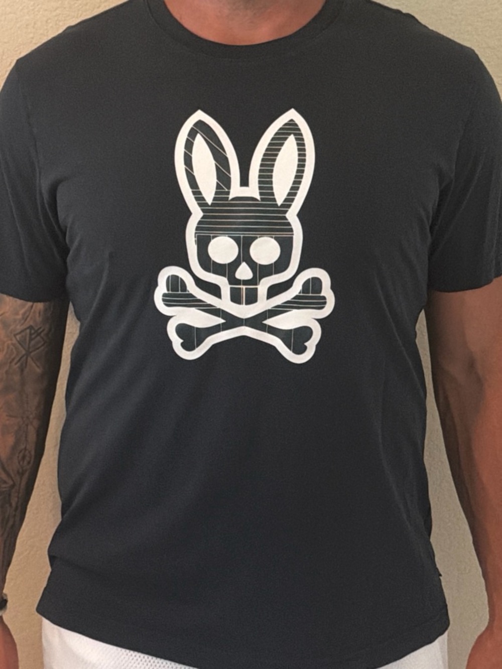 Psycho Bunny Black Short-Sleeve Tee with White Bunny Skull Graphic